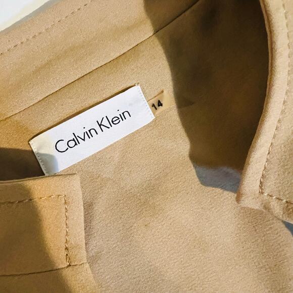 Calvin Klein Ruffle Front Half Button Up Sleeveless Dress Size 14 Tan - Picture 3 of 7